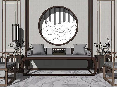 Chinese Style Sofa Set With Dark Wood Frame Gray Cushions Round Decorative Painting Marble Floor 3d model