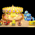 Colorful Amusement Park Carousel Featuring Small Train Rides And Blue Playground Equipment