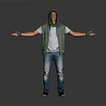 Man in Green Vest and White T-Shirt Standing with Arms Outstretched Against Gray Background