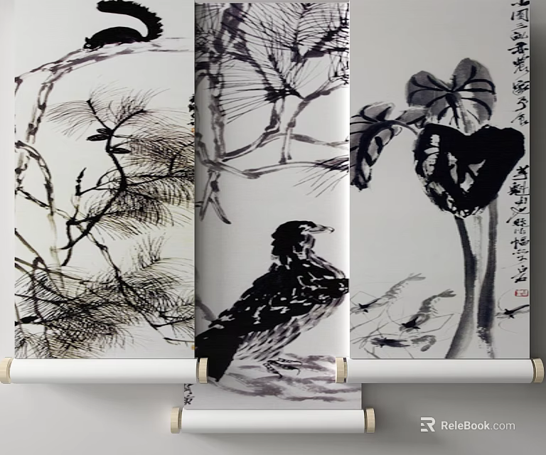 Chinese Ink Painting Scroll With Pine Bird Lotus Leaf And Calligraphy Art 3d model 