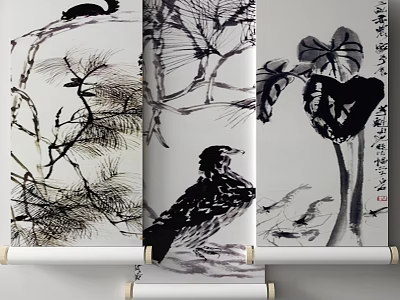 Chinese Ink Painting Scroll With Pine Bird Lotus Leaf And Calligraphy Art 3d model
