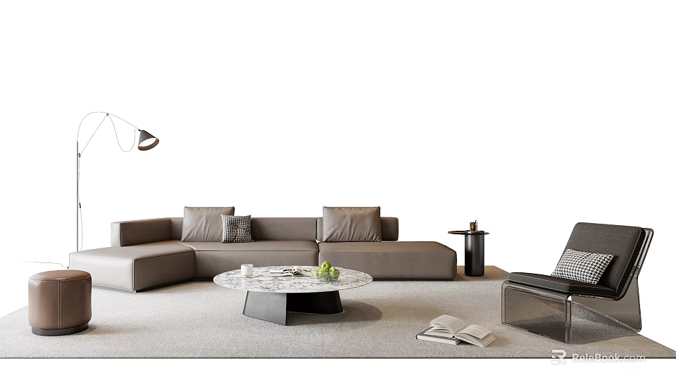 Modern Sectional Sofa Coffee Table Set With Marble Top Pillows And Floor Lamp 3d model 