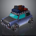 Blue Compact Car With Roof Rack Carrying Red And Blue Luggage Bags And Round Headlights