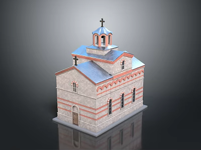 Traditional Church Building With Blue Roof Red And Beige Striped Brick Walls Crosses And Tower 3d model