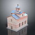 Traditional Church Building With Blue Roof Red And Beige Striped Brick Walls Crosses And Tower