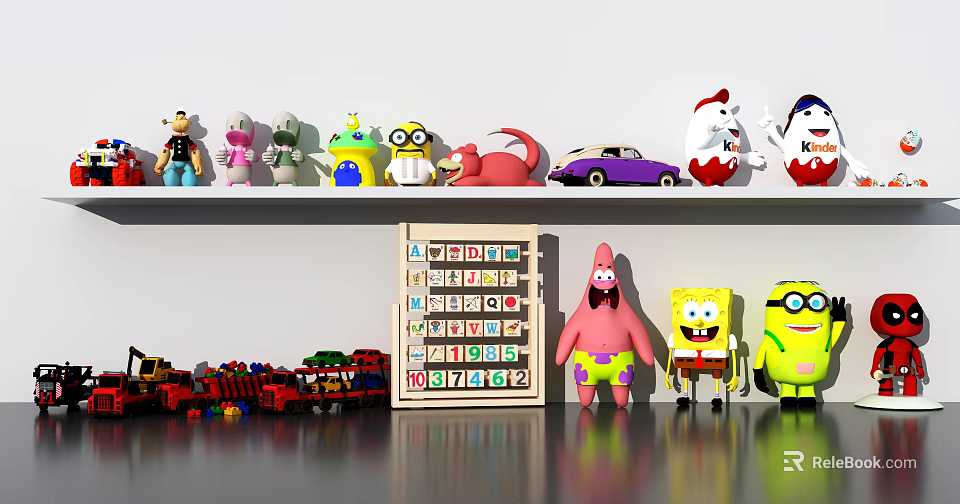Colorful Cartoon Dolls With SpongeBob Patrick Minions Dinosaur Santa Claus Alphabet Blocks And Toy Car 3d model 