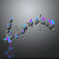 Gray Wooden Stone Objects Floating With Pink Blue Glowing Parts Fragments And Reflections