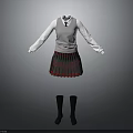Girls School Uniform Set With White Shirt Grey Vest Tie Plaid Skirt And Black Socks