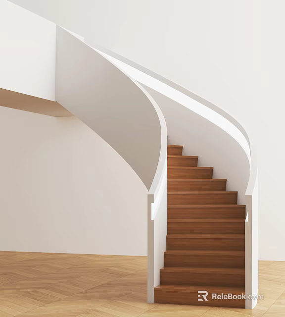 Modern Staircase Design With Curved White Handrail And Wooden Steps Interior 3d model 