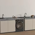 Modern Laundry Area With Double Sinks Gray Countertop Washing Machine Beige Cabinets And Toiletries