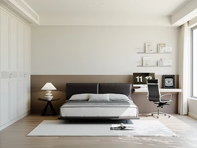 Modern Bedroom Interior With White Wardrobes Black Headboard Bed Table Lamp Desk And Wall Decor 3d model