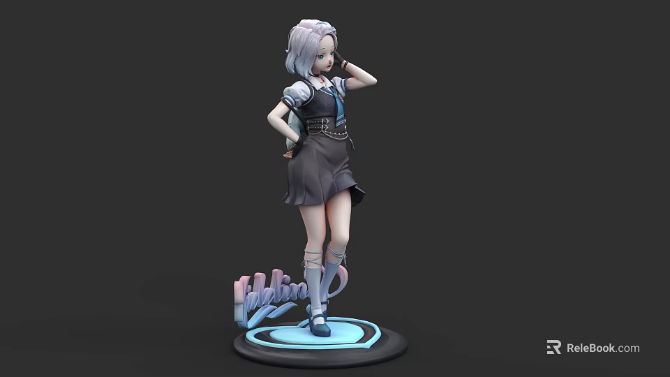 Felicia 3D Model Anime Character in School Uniform with Silver Hair and Name Base 3d model 