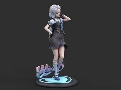 Felicia 3D Model Anime Character in School Uniform with Silver Hair and Name Base 3d model