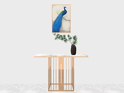 Elegant Modern Console Table With Marble Top Gold Frame And Peacock Art 3d model