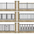 Architectural Exterior Wall Railings Featuring Various Iron Designs And Stone Bases
