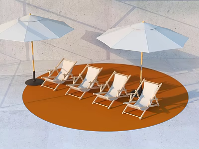 Outdoor Lounge Chairs With White Umbrellas On Orange Floor And Gray Wall 3d model