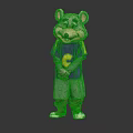 Cartoon Mouse Mascot With Purple C Letter Shirt Green Patchwork Pants White Shoes Hands Crossed