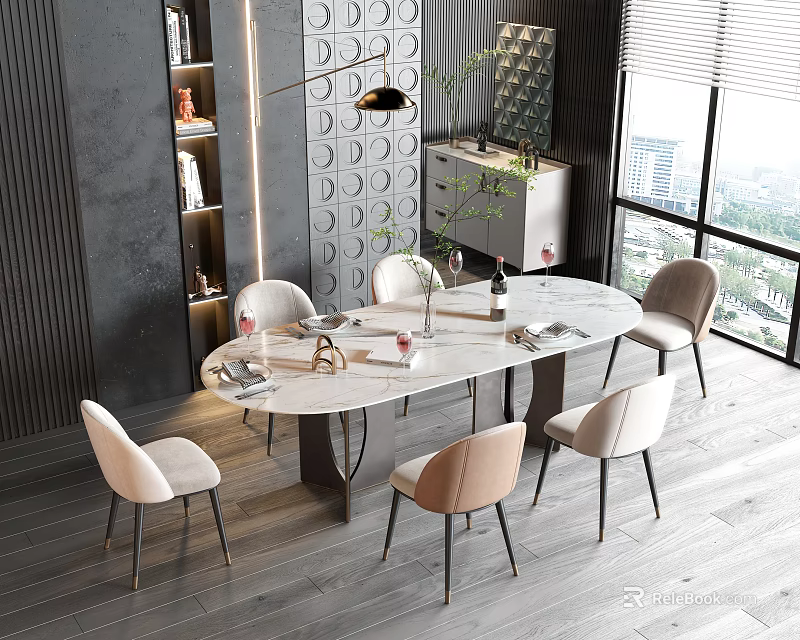 Modern Dining Table Set With Marble Top Light Colored Chairs Pendant Light And Plants 3d model