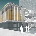 Modern Commercial Complex with Glass Facade Evening Lighting Green Trees and Street Cars