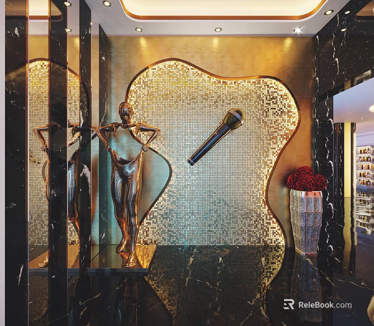 Elevator Hallway With Golden Mosaic Wall Sculpture Mirror And Red Flower Arrangement 3d model 