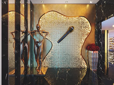 Elevator Hallway With Golden Mosaic Wall Sculpture Mirror And Red Flower Arrangement 3d model