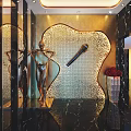 Elevator Hallway With Golden Mosaic Wall Sculpture Mirror And Red Flower Arrangement