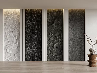 Textured Background Wall in Modern Interior with Light Dark Panels Decorative Vase Wooden Stand 3d model