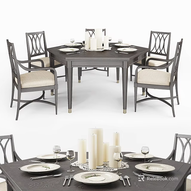Stylish Dining Table Set With Upholstered Chairs Candles And Tableware 3d model