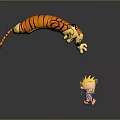 Cartoon Tiger Jumping Above Blond Boy Standing On Green Board With Gray Background