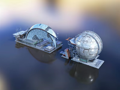Metallic Spherical Structures On Water Surface With Platforms And Stairs 3d model