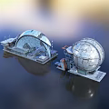 Metallic Spherical Structures On Water Surface With Platforms And Stairs