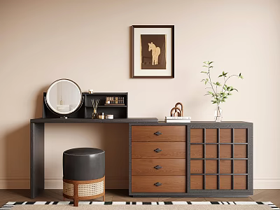 Stylish Dressing Table With Circular Mirror Drawers Stool Potted Plant And Framed Artwork 3d model