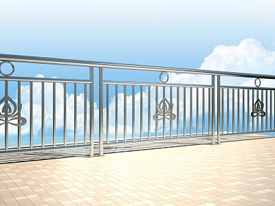 Stainless Steel Balcony Railing With Decorative Patterns Against Blue Sky Background And Tiled Floor 3d model