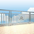 Stainless Steel Balcony Railing With Decorative Patterns Against Blue Sky Background And Tiled Floor