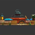 Circular Outdoor Leisure Area With Red Grill Metal Pot Colorful Cushions And Lantern