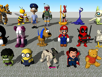Popular Game And Movie Characters Standing Together In Assorted Poses 3d model