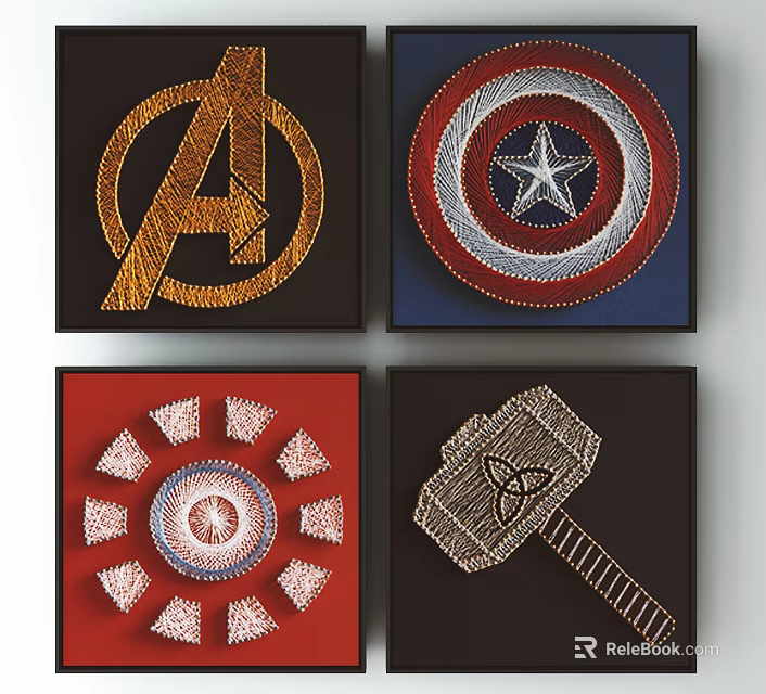 Avengers Themed String Art Wall Decor With Logo Shield Arc Reactor And Hammer 3d model
