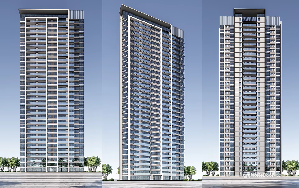 Three Modern High Rise Residential Towers With Glass Facades And Greenery 3d model 