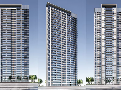 Three Modern High Rise Residential Towers With Glass Facades And Greenery 3d model