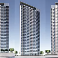 Three Modern High Rise Residential Towers With Glass Facades And Greenery
