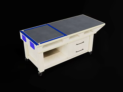 Industrial Equipment Workbench with Black Countertop Blue Borders White Cabinet Drawers and Wheels 3d model