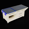 Industrial Equipment Workbench with Black Countertop Blue Borders White Cabinet Drawers and Wheels