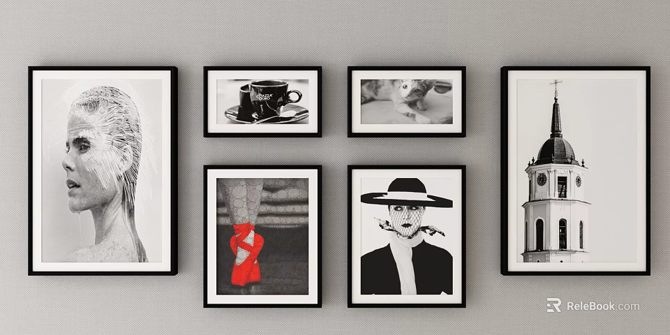 Wall Decor With Framed Artworks In Black Frames And Various Designs 3d model