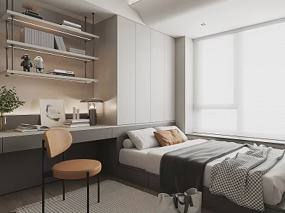 Modern Tatami Bedroom Interior With Desk Chair Bookshelf Pillows And Window 3d model