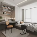 Modern Tatami Bedroom Interior With Desk Chair Bookshelf Pillows And Window