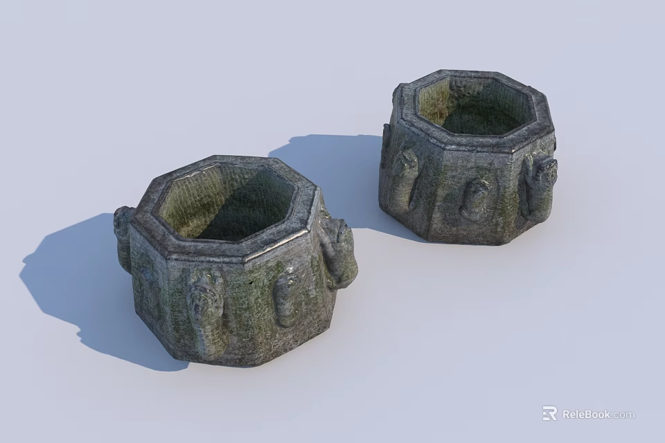 Vintage Stone Garden Planters With Octagonal Shape And Intricate Carved Details 3d model 