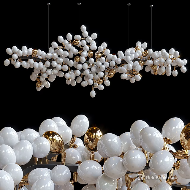 Elegant Modern Chandelier With White Spherical Balls And Golden Decorative Accents 3d model 