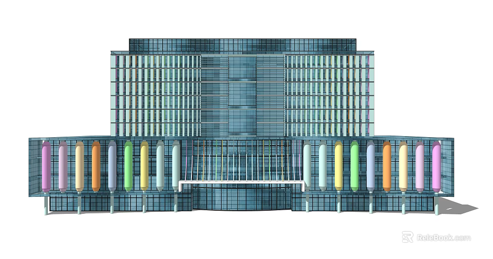 Modern Multi Storey Office Building With Glass Facade And Colorful Columns 3d model 