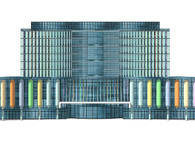 Modern Multi Storey Office Building With Glass Facade And Colorful Columns 3d model