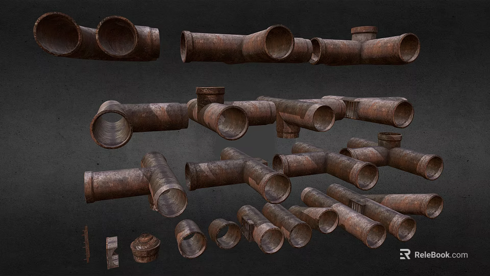 Rusty Metal Pipes With Different Types Of Fittings In Industrial Display Setup 3d model 